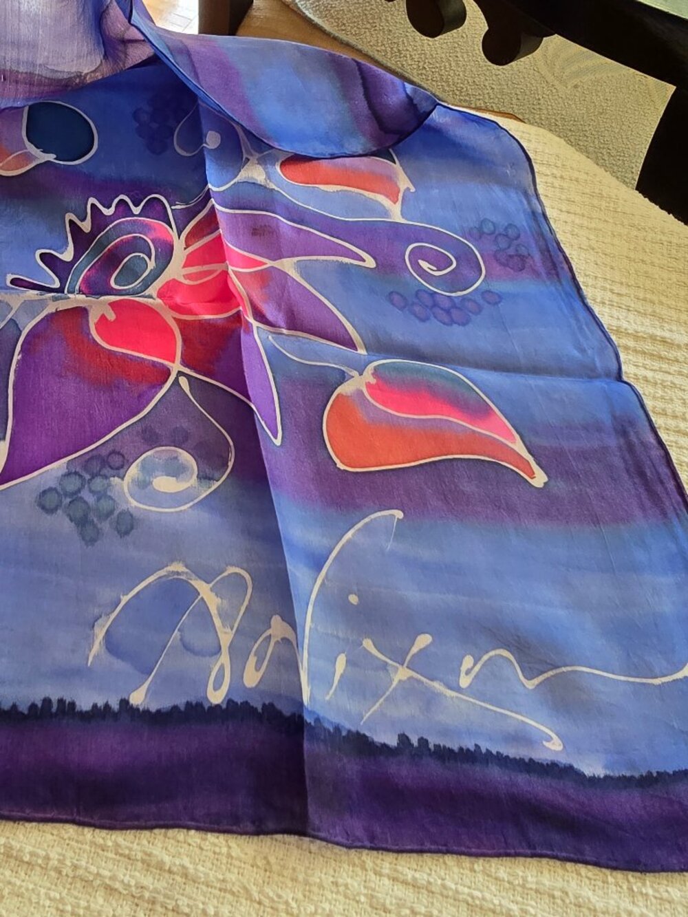 Vintage Hand‑Painted Silk Scarf - Abstract Floral in Blue, Purple & Pinks - Picture 3 of 6